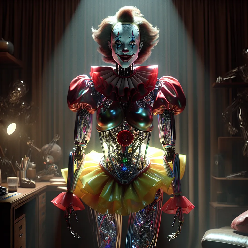 The image should depict a darkened room, illuminated by a soft glow filtering through a window. In the center of the room stands a tall, female figure clad in a vibrant red clown ensemble. Her face is painted with a permanent smile, and her eyes betray a mixture of awe, apprehension, and childish joy. Her body is made of synthetic materials, with exposed robotic limbs and a metallic sheen. The room around her is in a state of flux, with objects rippling and morphing, as if they were made of liqu