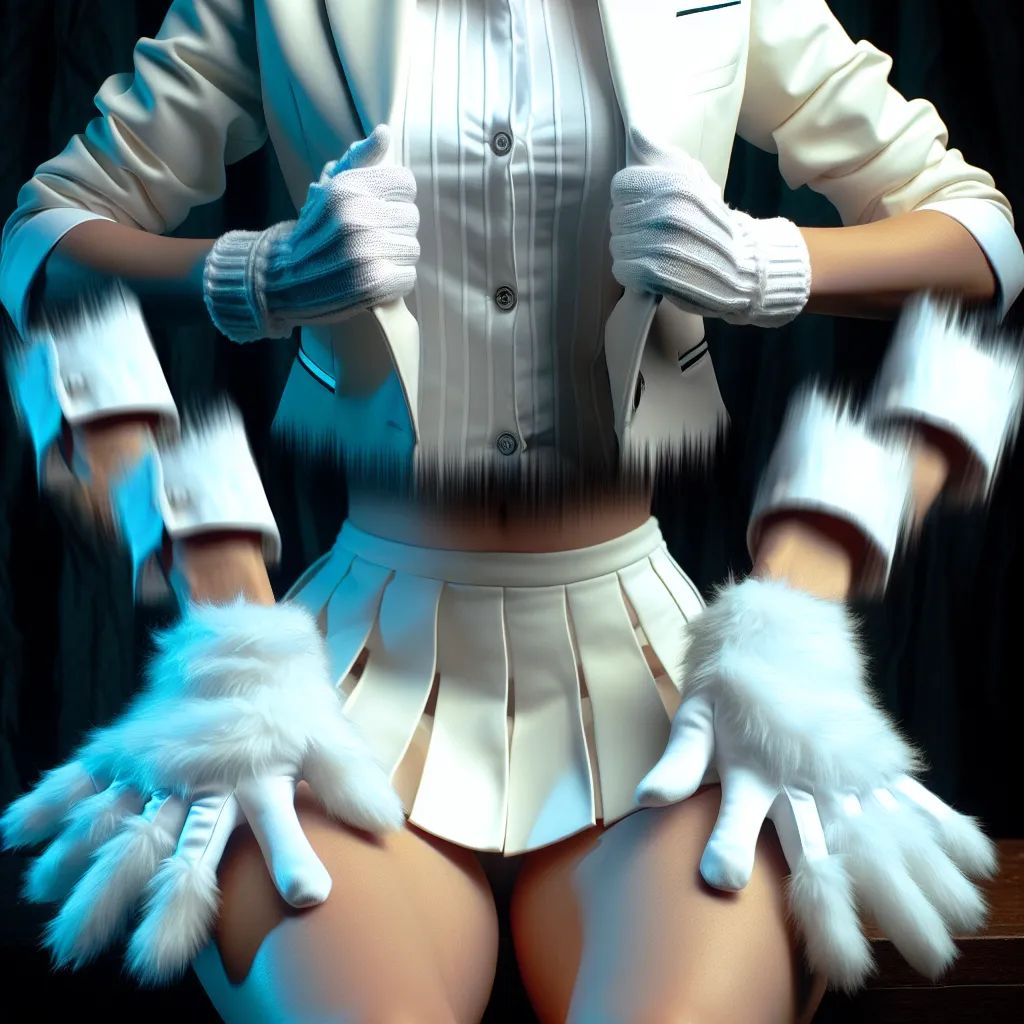 The image accompanying this story could depict a dramatic transformation scene. It could show a person in the midst of a physical change, their hands turning into white, furry mitts adorned with delicate gloves. Their clothing could shift into a jazzy suit-blazer with white stripes and a miniskirt. The image could convey the sense of panic and confusion experienced by the character as they undergo these drastic changes.