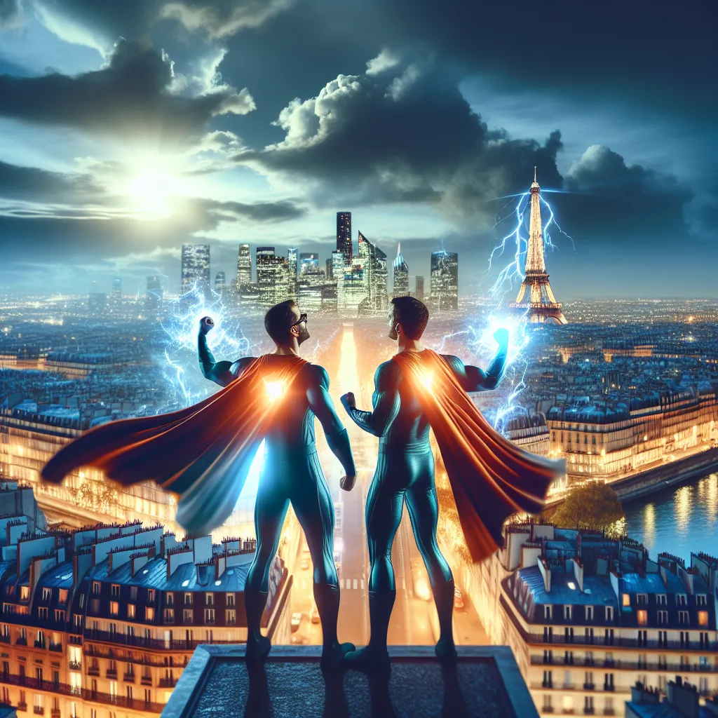 An image of Ladybug and Cat Noir in Paris, standing triumphantly after a battle with the villain Truth (formerly Luka), their miraculous powers glowing. The cityscape is illuminated in the background as they catch their breath and discuss their ongoing fight against the evildoer Shadow Moth.