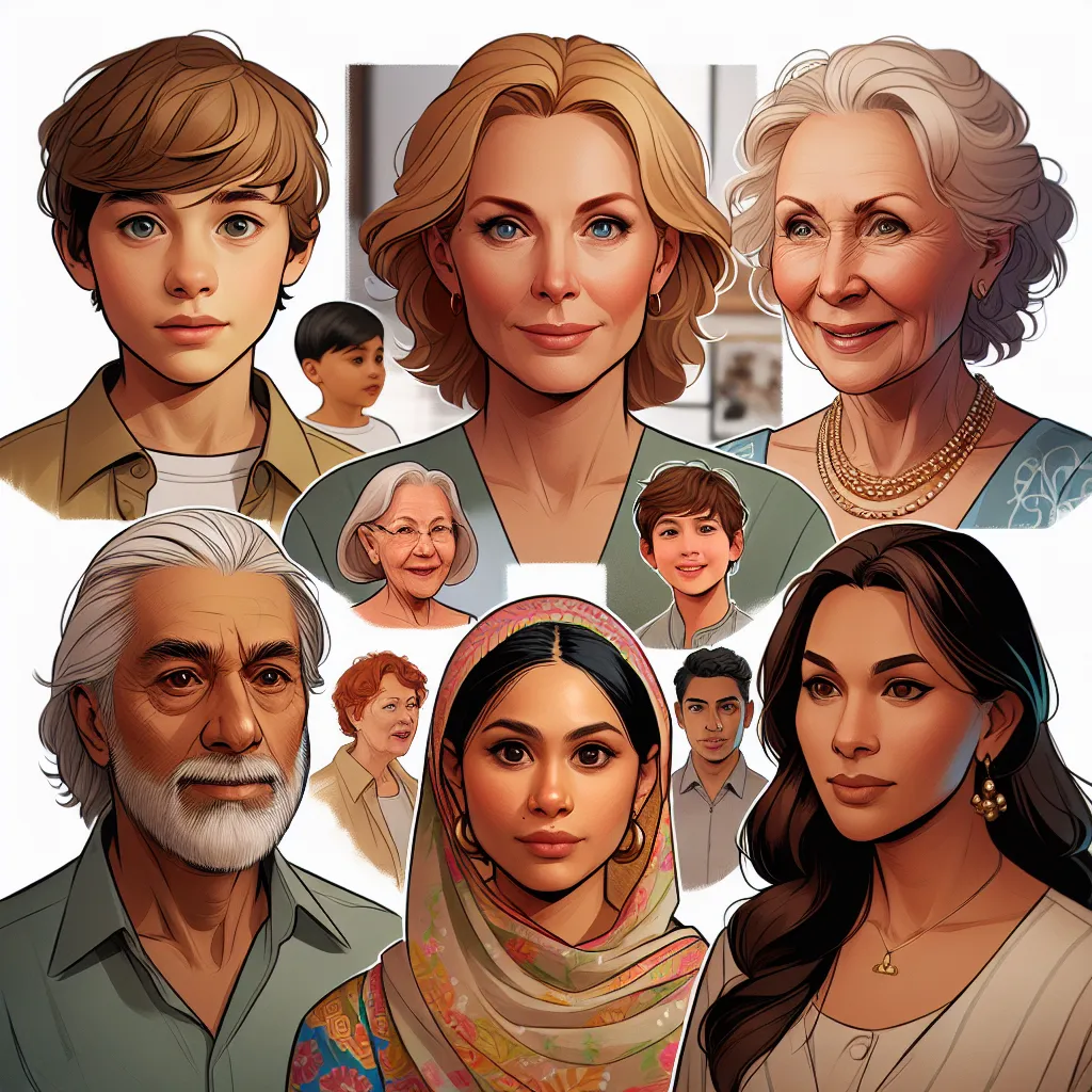 This image features a collage of different characters, including a young boy named Jimmy Thompson, his mom Sarah, his grandma Karen, his friend Sofia Mendez, and Maria Lopez. Each character is depicted with their respective physical features, such as hair color, eye color, and clothing style. The image captures a moment of interaction between the characters, conveying a sense of intrigue and transformation.