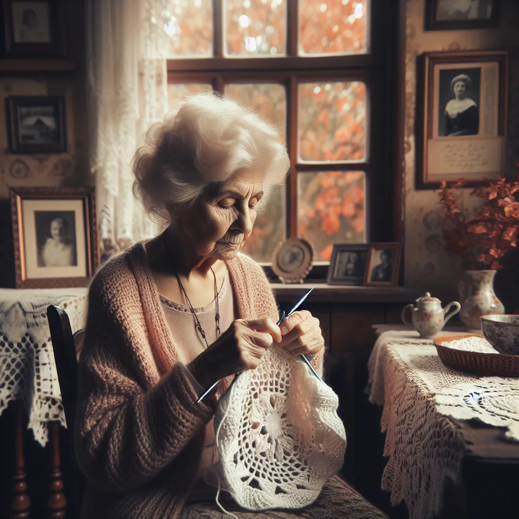 An image of an older woman, Gladys, sitting in a cozy living room, knitting with a serene expression on her face. The room is adorned with lace doilies, and framed pictures of loved ones cover the walls. The autumn leaves are falling outside the window, creating a warm and peaceful atmosphere.