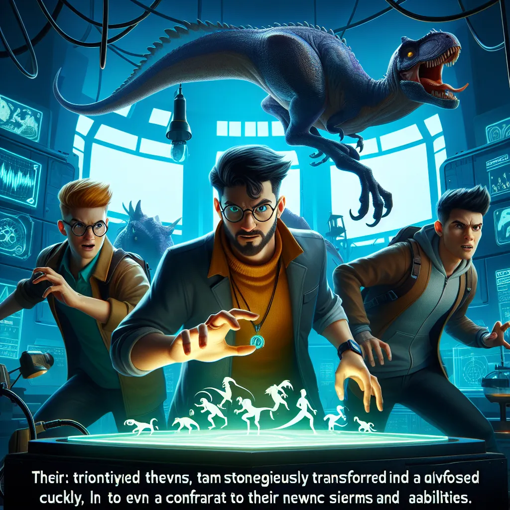 A group of three friends awaken to find themselves transformed into prehistoric dinosaurs in a lab, forced to confront a scientist's sinister plans. They must escape and navigate their new forms and capabilities in a thrilling bid for freedom.