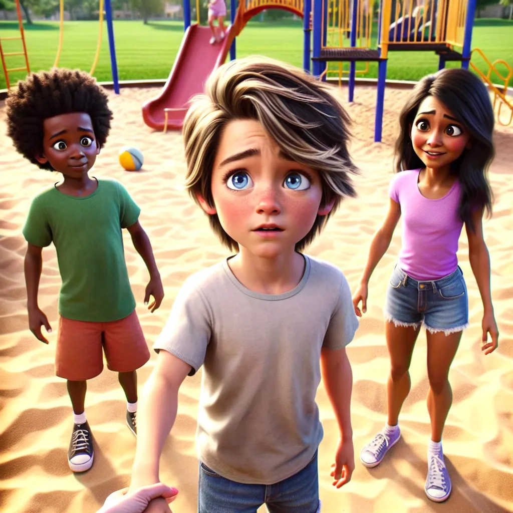 The image will depict a young boy named Lucas, standing in a park with his friends Jake, Mia, and Tom. Lucas has short, tousled blonde hair and bright, sky-blue eyes. He is wearing a tank top and denim shorts, holding the hands of a grown woman with long, brown hair wearing a colorful tank top and distressed denim shorts. They are surrounded by a sandbox and playground equipment. The image captures a moment of confusion and surprise as Lucas realizes he has been transformed into the woman, while