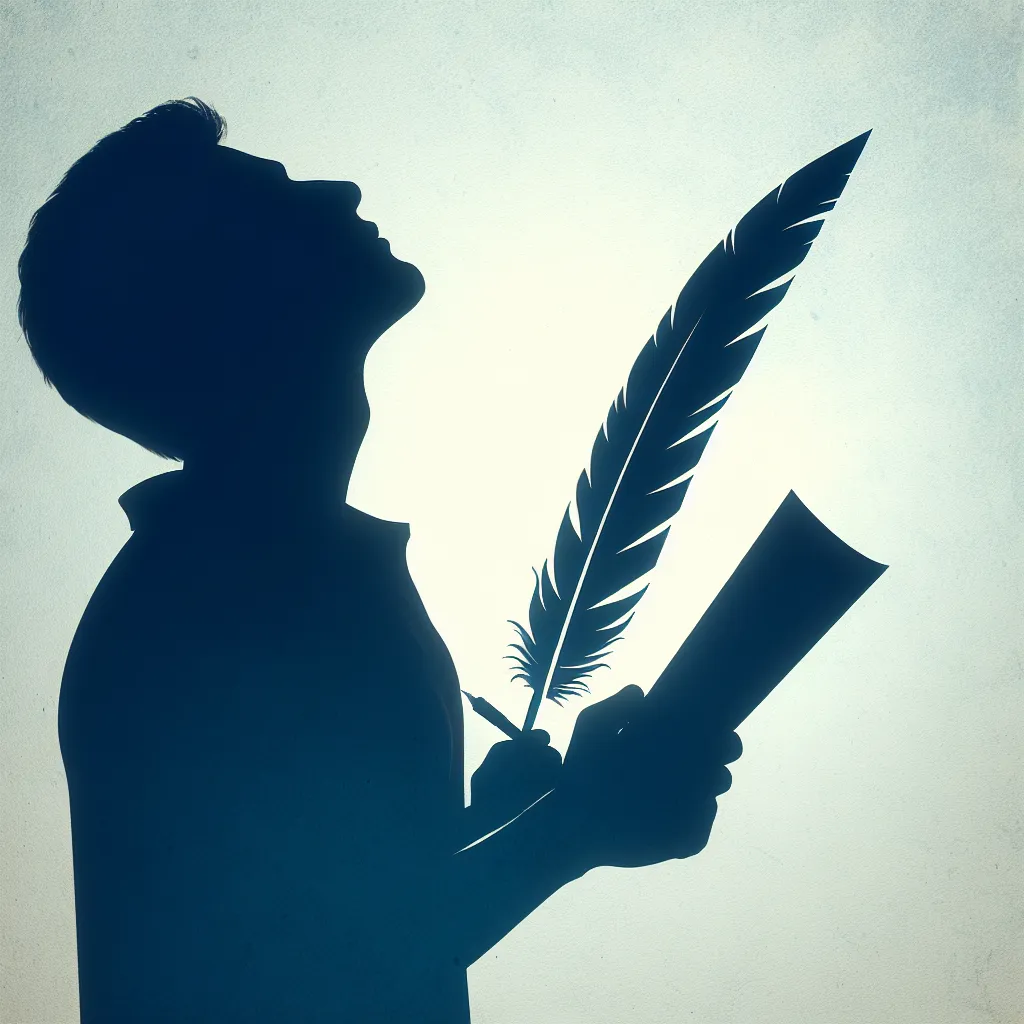 A silhouette of a person looking upwards, holding a quill pen and paper, representing the pursuit of creativity and the longing for inspiration.