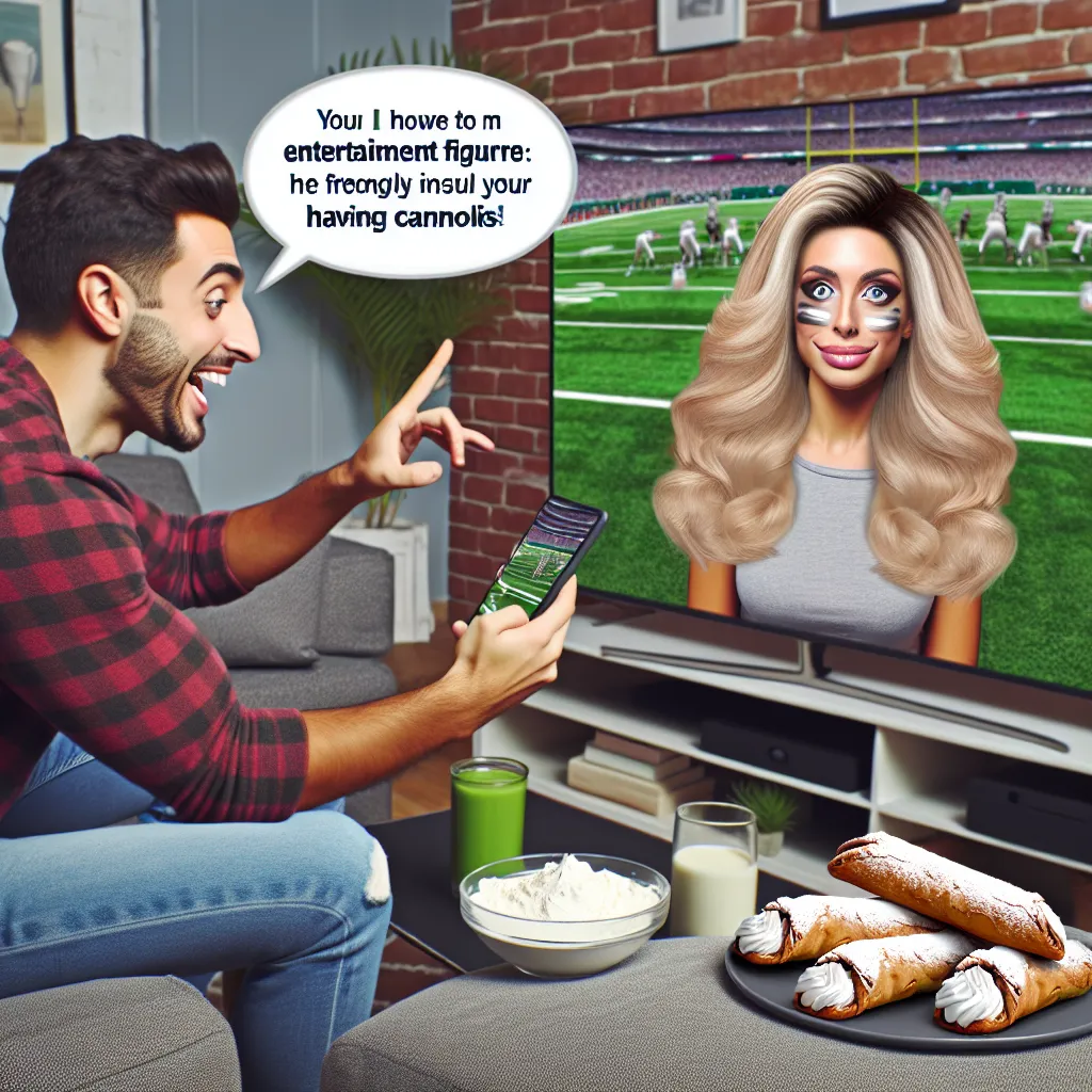 A hilarious scene unfolds in a living room as a man uses a transformation app to turn his friend into a stunning blonde bombshell, who remains hilariously unaware of the change while passionately watching a football game and demanding cannolis.