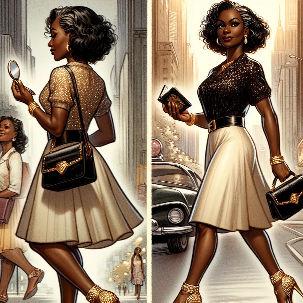 An image depicting Vanessa, a middle-aged Black woman, walking confidently through an unfamiliar city. She wears a skimpy female costume consisting of a mini-skirt and sparkling top, fishnet stockings, and gold sandals with rhinestones. Vanessa carries a small black purse on her shoulder and clutches a compact mirror in her hand. The image captures her determination and resilience as she embarks on a journey to find her way home.