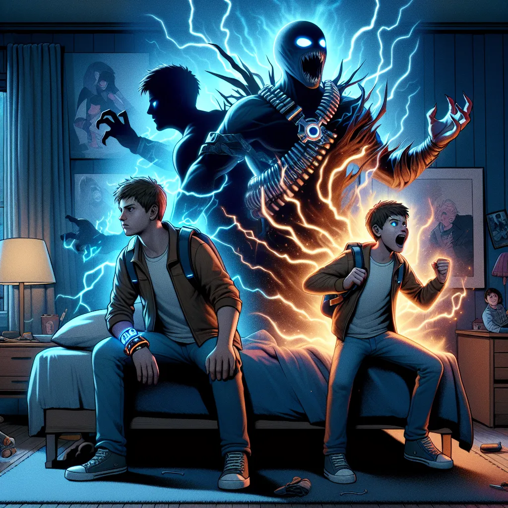 In this image, two versions of the main character, Angel Quinteros, stand side by side in his bedroom. One is 16 years old, wearing a futuristic device called the Omnitrix on his wrist, and the other is 10 years old, with a look of awe and defiance on his face. Behind them, a menacing figure named Eon materializes, surrounded by dark energy. The room is filled with blue and orange silhouettes as the older Angel transforms into a lightning-fast alien called XLR8, and the younger Angel becomes a f