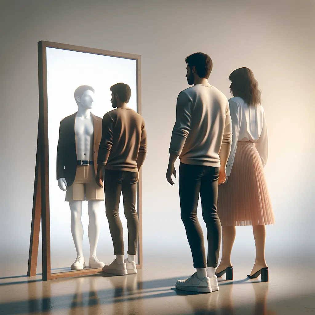 An image of a person standing in front of a mirror, their reflection showing a clear divide between two identities - one side representing Trevor Maloney with a male appearance, and the other side representing Miyafuji Yoshika with a female appearance. The person is visibly conflicted, portraying a mix of emotions as they come to terms with their double identity.