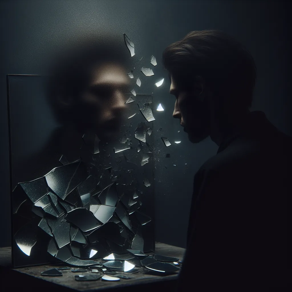 Title: "The Broken Reflections: A Tale of Regret"
Description: An atmospheric image depicting a somber figure, their face partially hidden in shadows, gazing at shattered fragments of a reflective surface. The broken pieces symbolize regret and lost reflections, invoking a sense of introspection and melancholy.