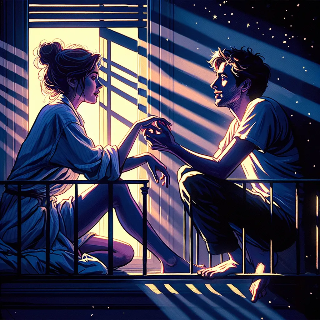 A tender moment between Diego and Felicia, as they share a heartfelt conversation in their apartment. The morning sun casts long shadows, hinting at the events of the night before. Felicia reveals herself, both vulnerable and strong, as she shares her true self with Diego. Their connection deepens, as they spend the day together, building trust and support. The image captures a quiet, contented moment as they sit on the fire escape, their hands intertwined, looking out at the starlit sky.