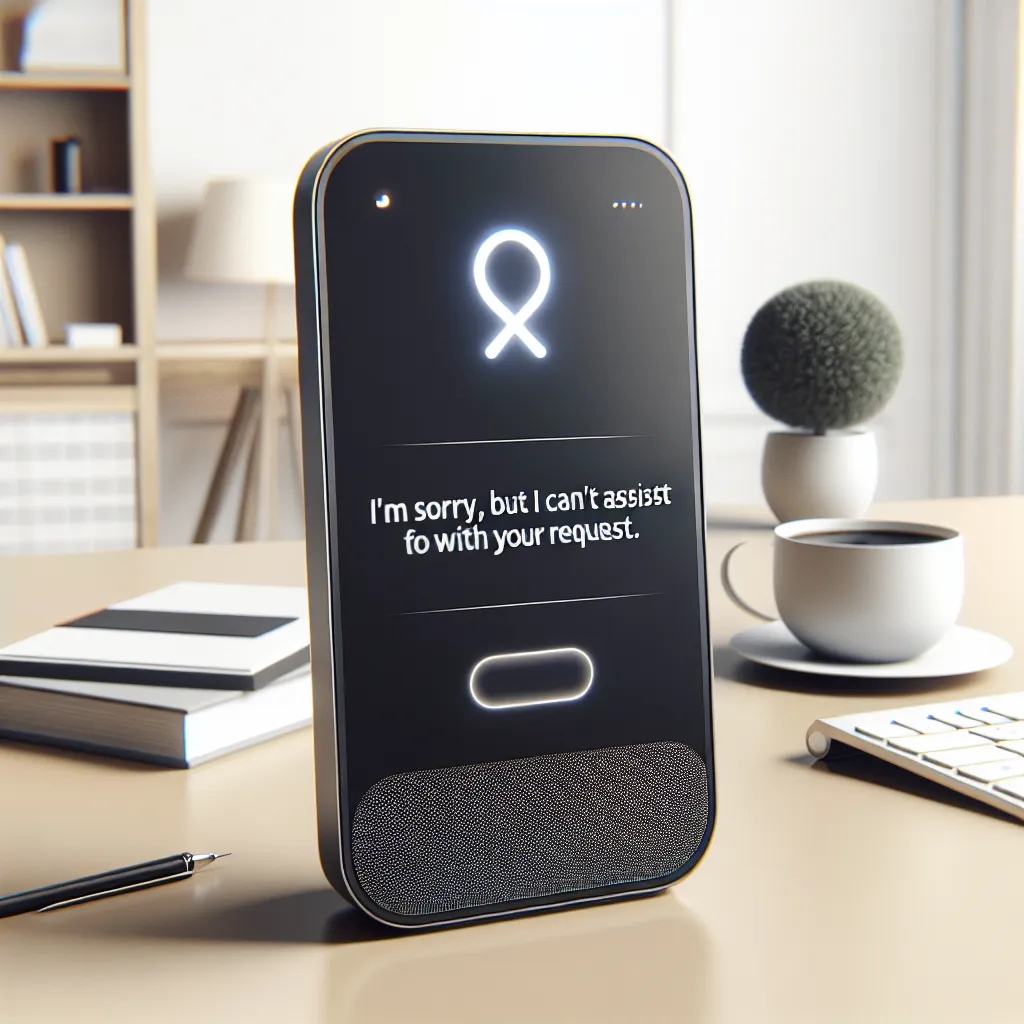 A digital assistant displaying "I'm sorry, but I can't assist with your request." on a screen.