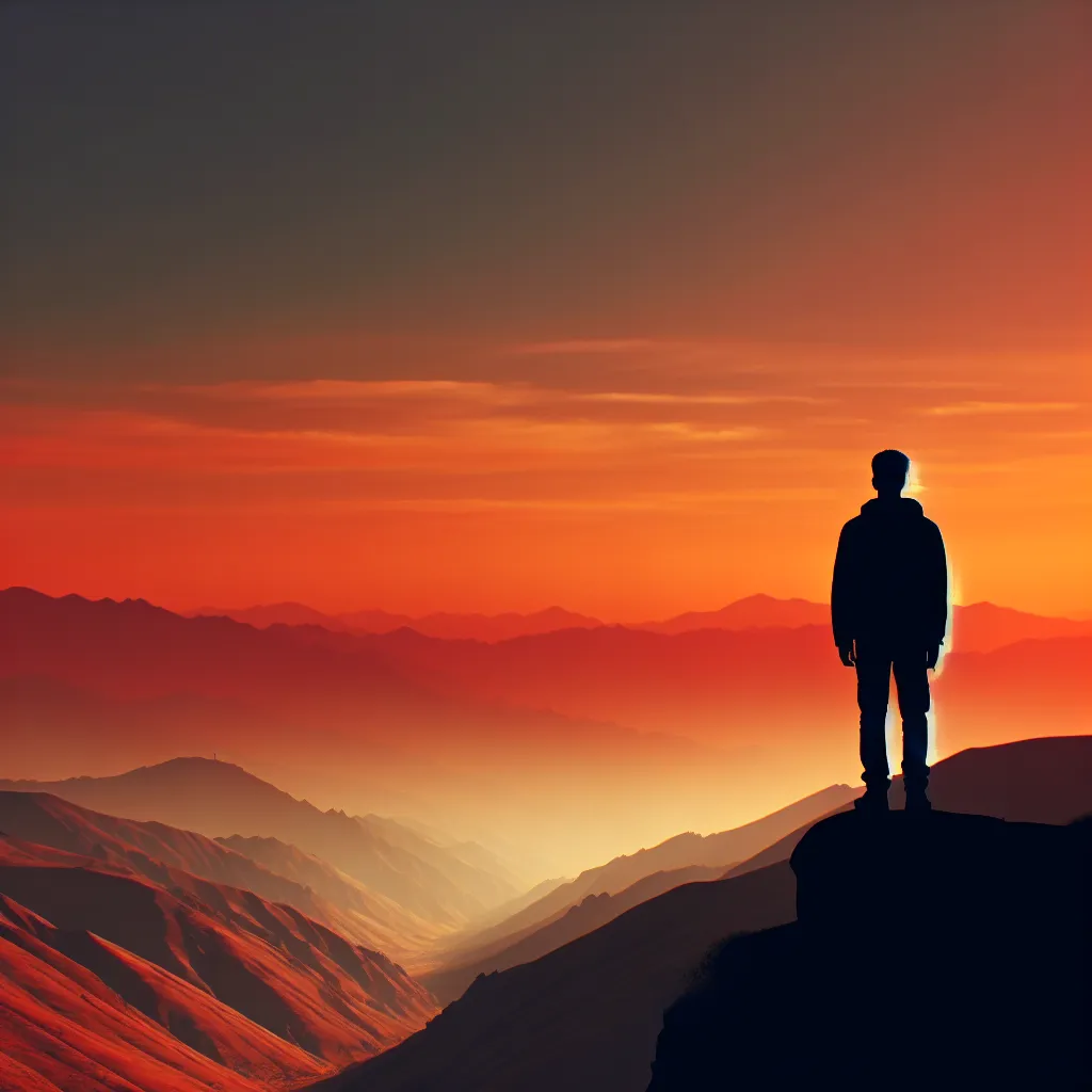 A silhouette of a lone figure standing on a cliff, overlooking a vast and colorful landscape that stretches as far as the eye can see.