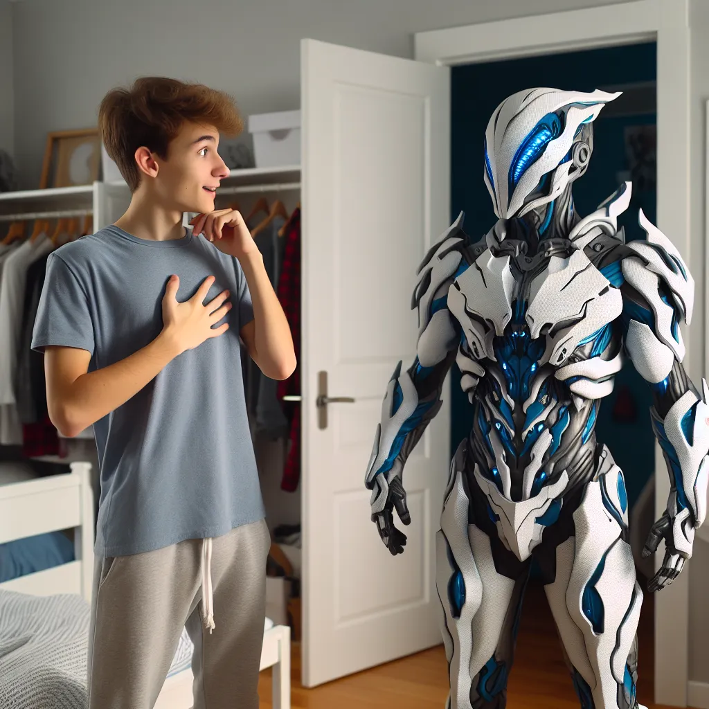 An image of Davis, dressed as Roll.EXE from the "Megaman Battle Network" series, strikes a pose in his bedroom. He is wearing a lifelike costume that mirrors the character's appearance perfectly. Davis's friend TK stands in the doorway, surprised but accepting of Davis's identity. The image captures a moment of understanding, support, and newfound confidence.