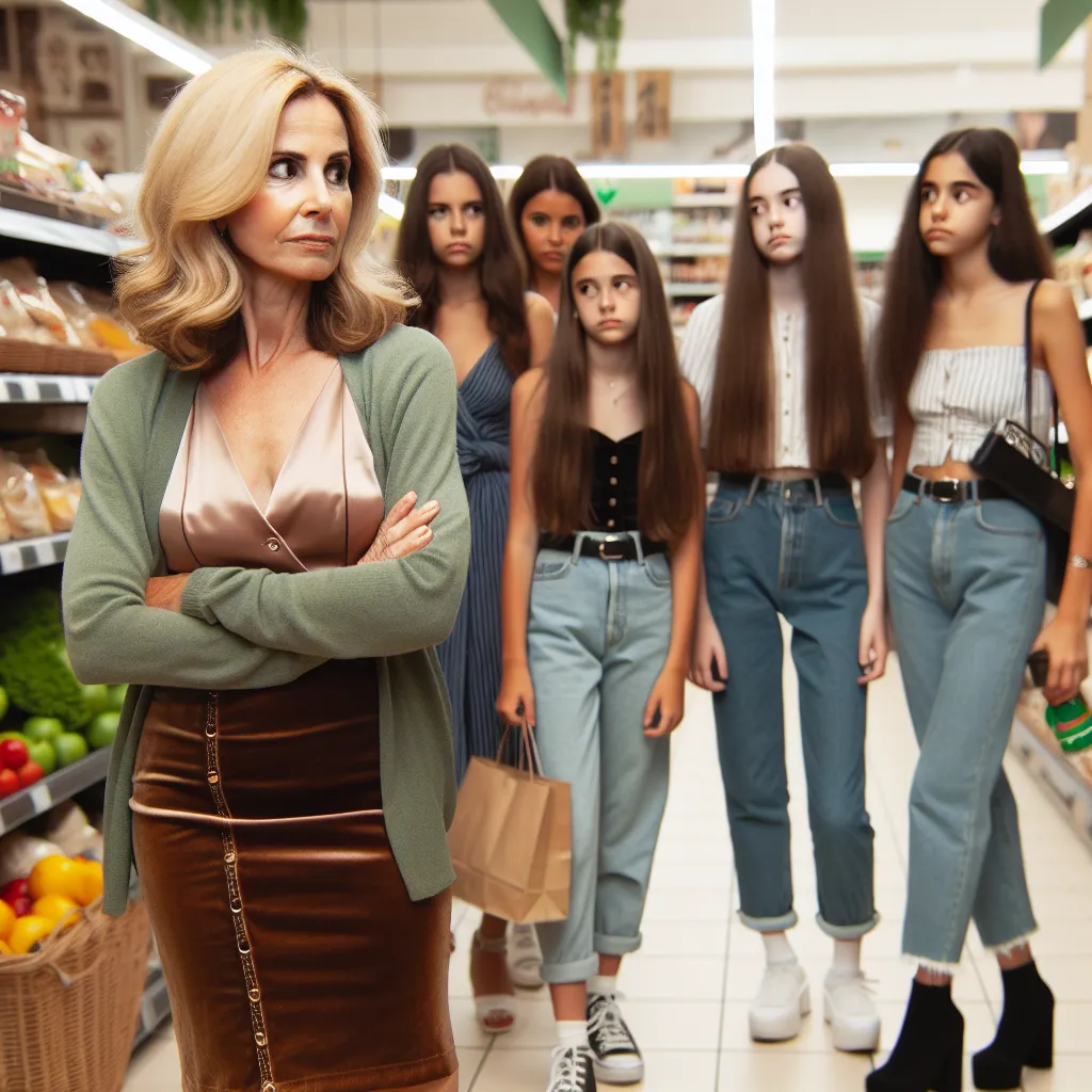 A blonde woman in her 40s named Karen, wearing a stylish outfit and high heels, looks disapprovingly at a group of teenage girls in a grocery store.