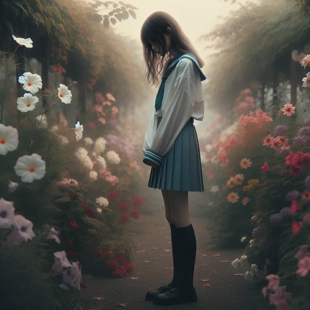 The generated image should depict a person, Yasuna Kamiizumi, in their late teens or early twenties, standing alone in a flower garden. Yasuna is enveloped in an ethereal, melancholic atmosphere, expressing a mix of emotions such as sadness, introspection, and resignation. They are dressed in a traditional Japanese school uniform, consisting of a white blouse, a blue pleated skirt, knee-high socks, and black shoes. The uniform should be slightly rumpled, hinting at Yasuna's emotional turmoil. Th