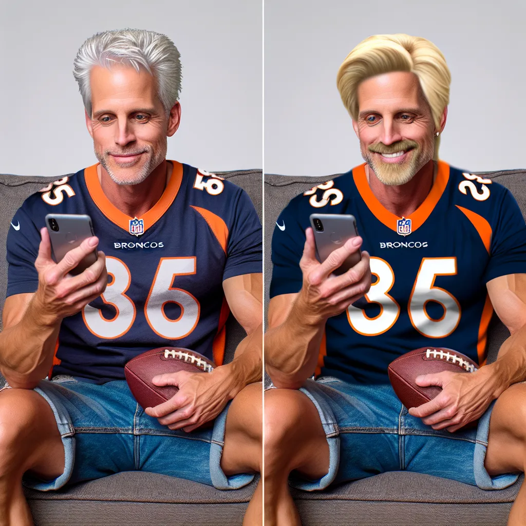 An image of a middle-aged man transformed into a stunning blonde woman in red lingerie, watching a football game on a smartphone while wearing a Denver Broncos shirt and cutoff booty shorts.