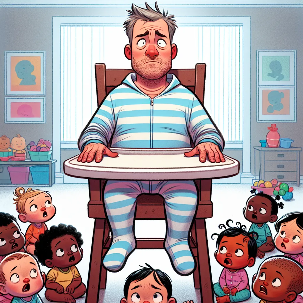 Description: A humorous image depicting a middle-aged man wearing a small-sized onesie, sitting in a highchair, surrounded by toddlers and colorful toys, with a frazzled expression on his face.