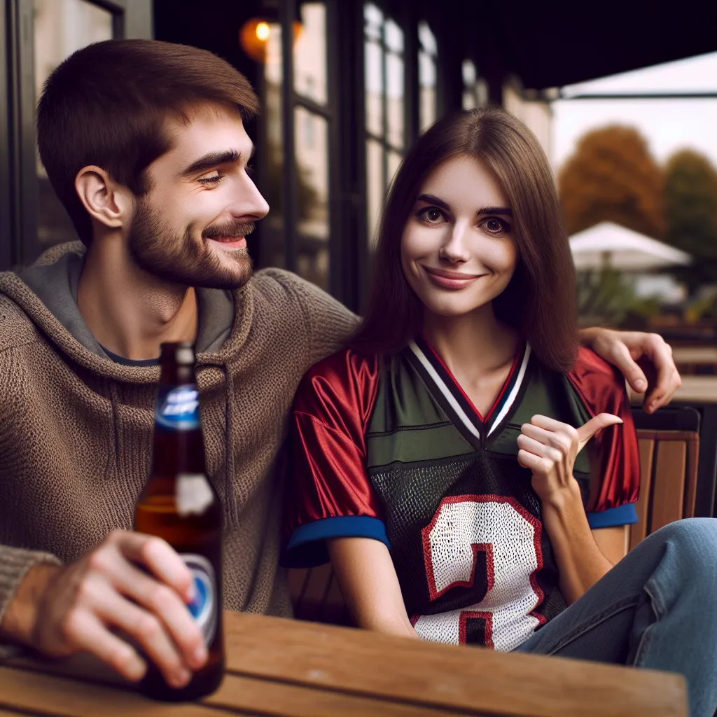 Description for the image: A young man named David and his girlfriend Lilly, who has Dissociative Identity Disorder (DID), sit on a cozy café patio. Lilly's alter personality, Chad, has taken control and expresses excitement about being a woman. The image shows Lilly as Chad, wearing a football jersey that emphasizes her chest, holding a beer, and smiling mischievously at David. The image captures a moment of understanding and acceptance as David reflects on the complexity of their relationship 