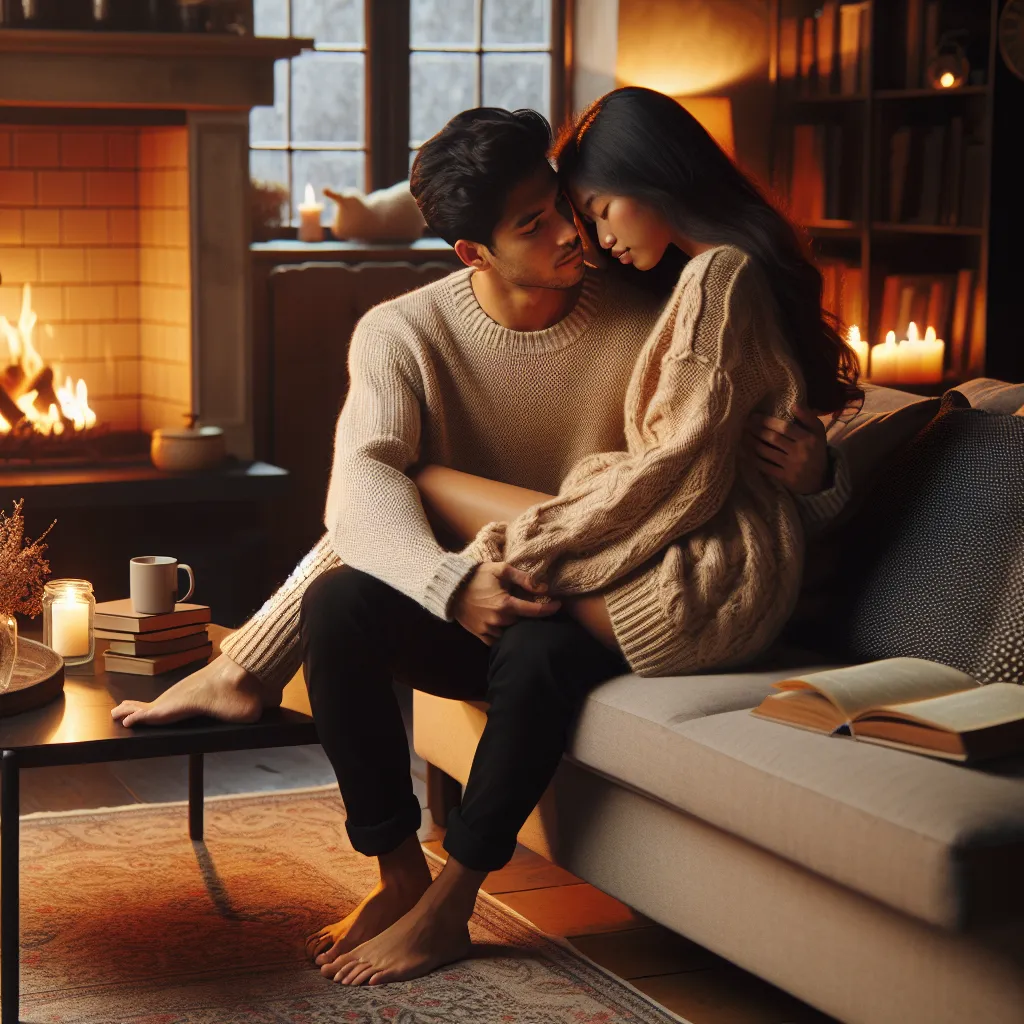 A romantic moment between two people in a cozy living room: the man lifting the woman's legs onto the couch, creating a warm and intimate connection as they share a tender embrace.