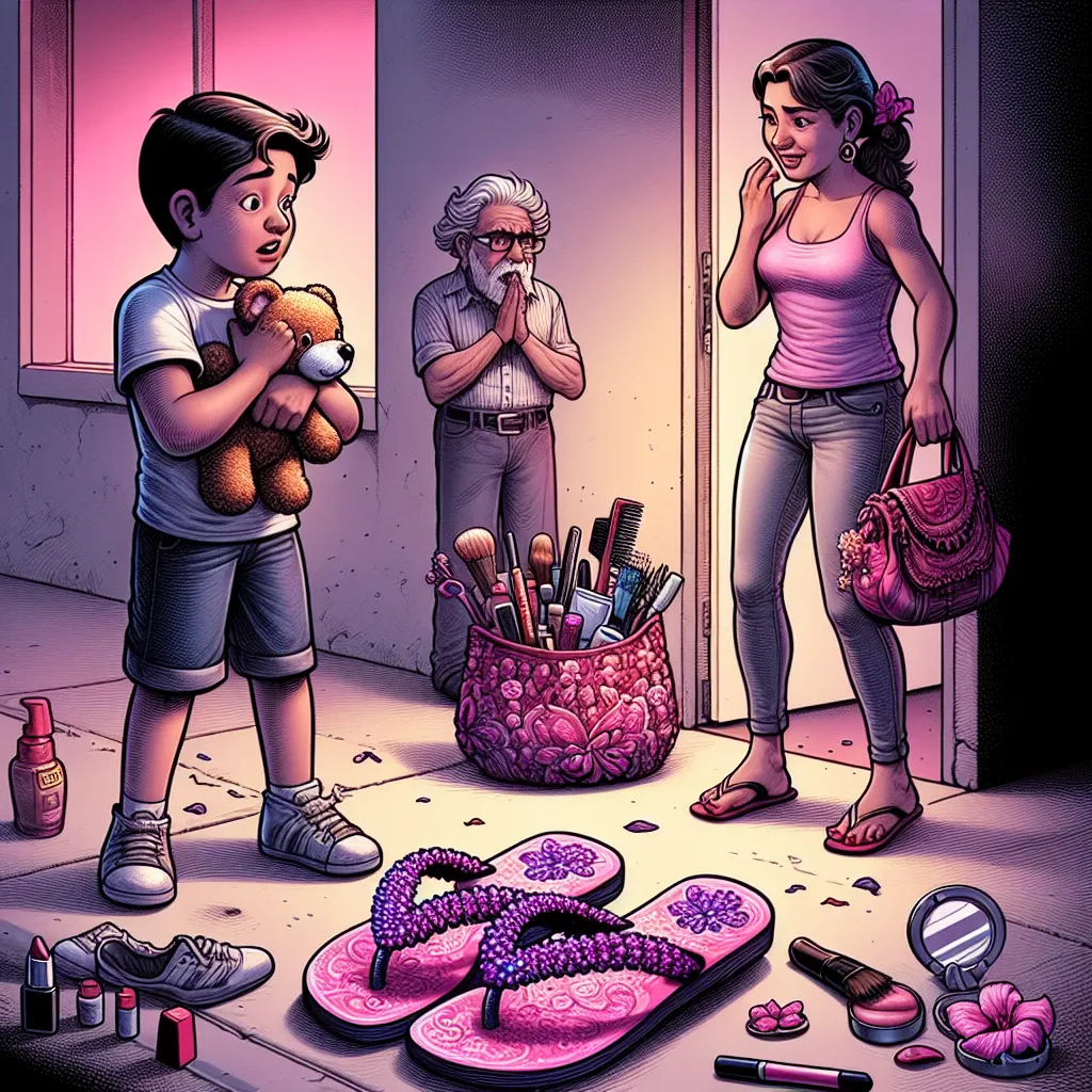 The image accompanying this story could depict a ten-year-old boy, Liam, standing on a street corner, holding a stuffed animal. He is wearing a shirt, jeans, and shoes, looking lost and nervous. Nearby, there is a pair of feminine flip-flops decorated with pink sequins and purple petals. A large purse sits on the ground, filled with various items like lipstick, nail polish, a hairbrush, and a compact mirror. Liam is seen trying on the flip-flops, but his feet appear to darken and age. As he pani