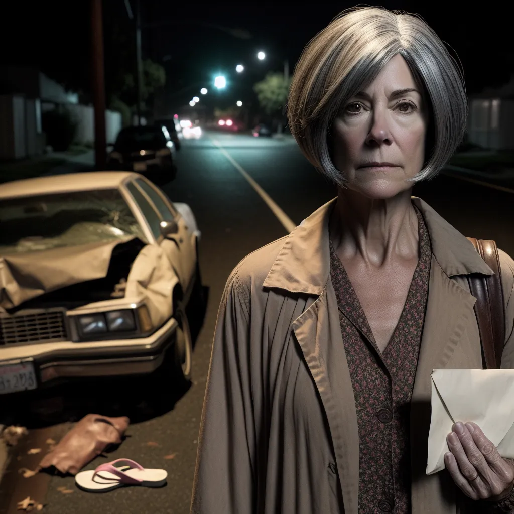 In the image, a middle-aged woman named Linda stands alone on a quiet street at night, clutching a letter in her hand. She wears a worn but determined expression on her face, and her gray bob-cut hair glistens under the streetlight. A discarded pair of elderly feminine flip flops lies nearby, reflecting her new reality and the transformation she has undergone. Behind Linda, a crashed car can be seen, its damaged front contrasting with the calmness of the night. The image captures Linda's newfoun