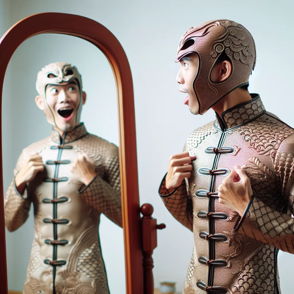 A person wearing a detailed Chun-Li costume made of latex stands in front of a mirror, looking at their transformed physique with excitement and surprise.
