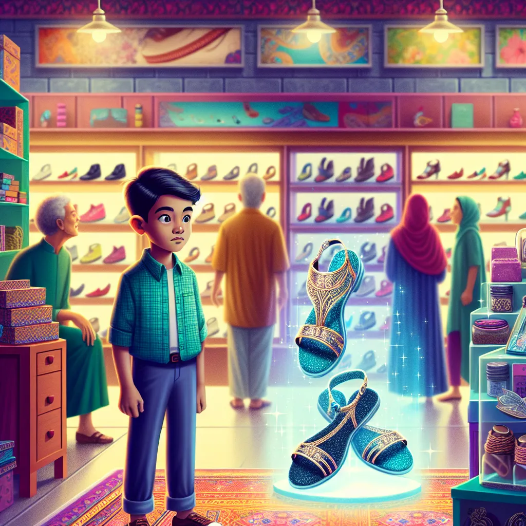 A young boy experiences a magical transformation after stepping into a mysterious woman's sandals at a store. With his feet briefly turning into adult-sized ones, he learns a valuable lesson about change and confidence before returning home to his loving family.