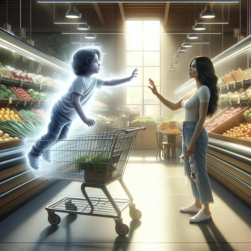The image accompanying the story will depict a little boy named Ethan Daniel Parker, 4 years old, experiencing a supernatural event while shopping with his mother at a grocery store. Ethan's transparent form is hovering above his shopping cart, reaching out to his mother Olivia, who remains unaware of his presence. Bright sunlight bathes the scene, emphasizing the surreal and eerie nature of Ethan's invisible state.