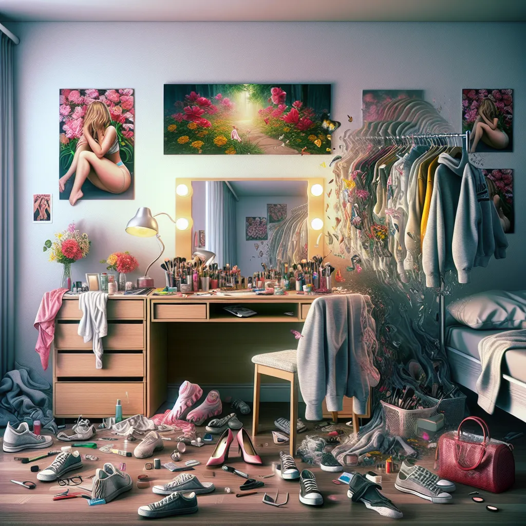 An image depicting a college dorm room in the process of a sinister transformation. The walls are adorned with posters of female pop stars and vibrant flowers. The desk is now adorned with a makeup mirror, brushes, and containers filled with cosmetics. The clothing in the room is feminizing, with hoodies and jeans turning into delicate blouses and skirts. The sneakers have transformed into ballet flats and elegant heels. The reflection in the mirror shows the protagonist's changing appearance, w