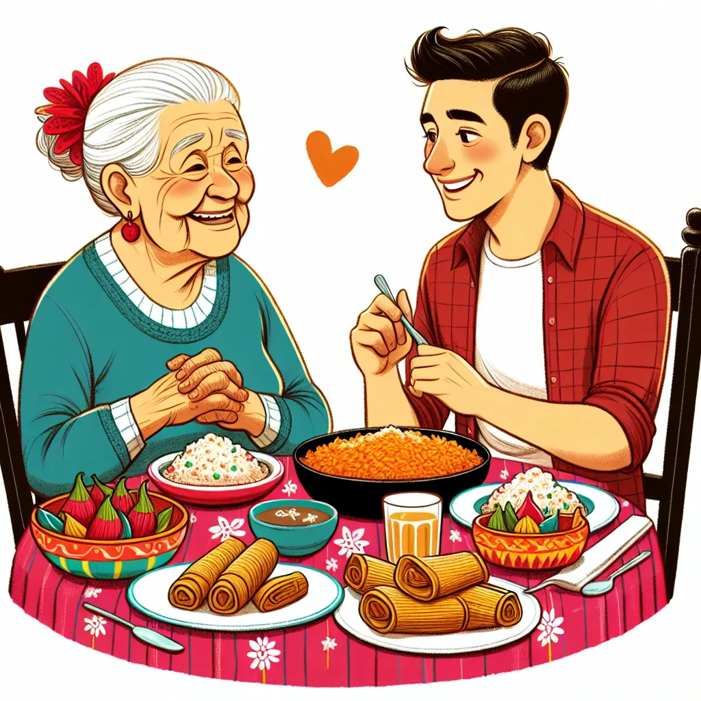 The image accompanying this story could be a drawing or illustration of a Mexican woman, Isabel, in her 70s, sitting at a table set with beautiful dishes of tamales and arroz con leche. She is sharing a meal with John, a younger man, and they are both smiling and enjoying each other's company.