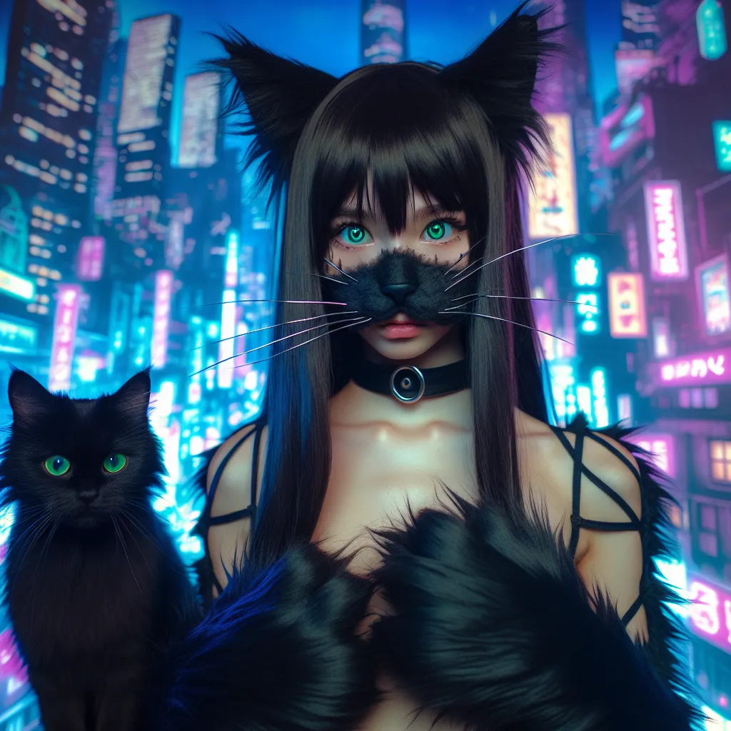 In the image, Serena, a teenager with long black hair, is shown in the midst of a transformation. Her body has partially transformed into that of a black cat, with fur emerging from her hands and arms. Her face bears feline features, with elongated ears and a muzzle tipped with whiskers. Her eyes glow with a piercing green hue, matching those of the black cat, Midnight, who stands beside her. The futuristic city of Neonstar can be seen in the background, with its towering buildings and neon ligh