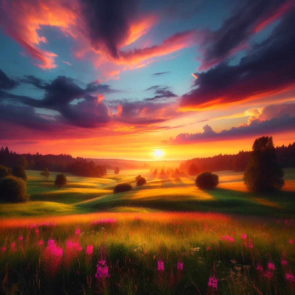 No problem! Here's a concise description for the image:

"A serene sunset over a peaceful meadow, with vibrant colors illuminating the sky and casting a warm glow on the grassy landscape."