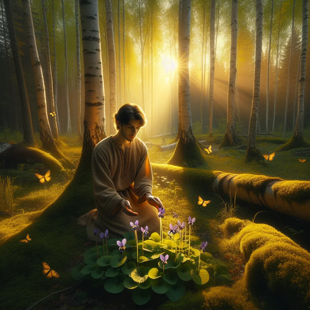 A young man kneels in a sun-dappled forest clearing, gently brushing amber leaves aside to reveal glowing purple dog violet flowers at his feet; around him, towering birch trees stretch skyward beneath golden morning light, with floating moths and lush moss creating an atmosphere thick with ancient, quiet magic.