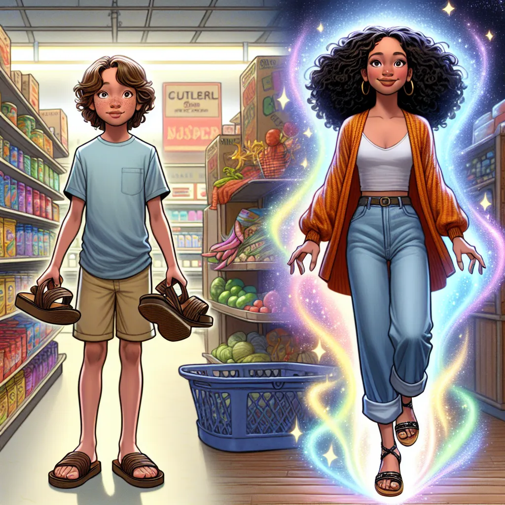 A young boy named Carter Elwood's transformative journey into Deja Turner, a confident and stylish young woman, as he innocently steps into mysterious sandals at a local grocery store.