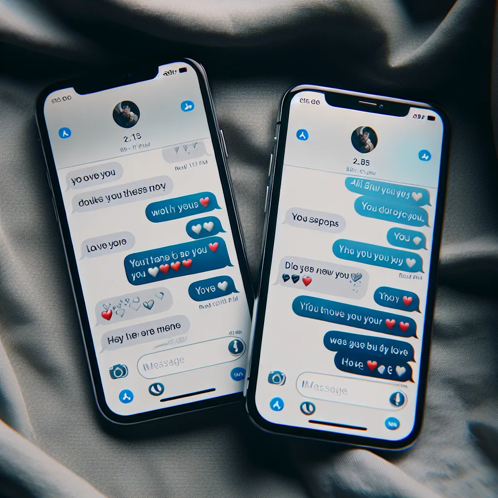 A close-up image of two smartphones side by side, displaying a series of flirtatious and playful text messages between two people in love.