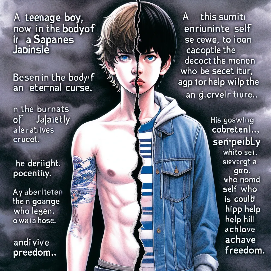 A teenage boy, trapped in the body of a Japanese girl, navigates the horrors of an eternal curse. As he struggles to fit into his new identity, he encounters a mysterious girl who becomes a potential ally in his quest for freedom. The image could represent the protagonist's inner turmoil and the duality of his existence, featuring a reflection of both his original self and his new identity, hinting at the twisted reality he now faces.