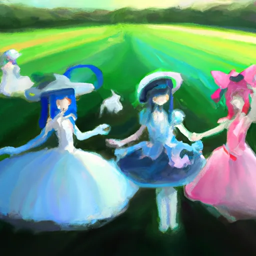 Madoka Kaname, Sayaka Miki, Kyubey, Dawn, Sacrifice in the style of Monet