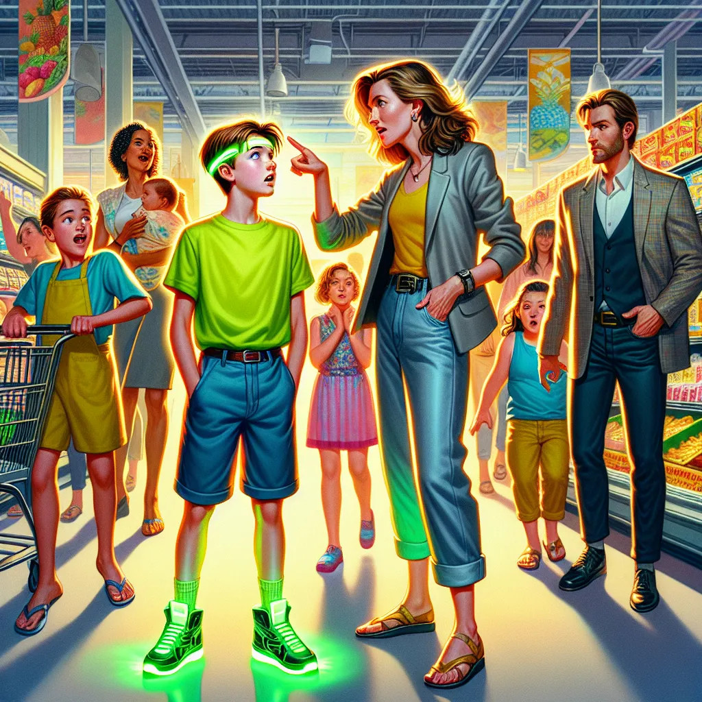 A young boy named Ethan, his mother Christine, and a family led by a striking woman named Karen navigate a crowded store, woven with detailed character descriptions and interactions. Ethan, in a lime-green shirt and flashing LED shoes, experiences a terrifying transformation, while Karen’s eldest daughter, Olivia, faces off with her mother as they wander the aisles. The image captures a moment of tension as the two families' paths intersect, amidst the bustling backdrop of a grocery store.