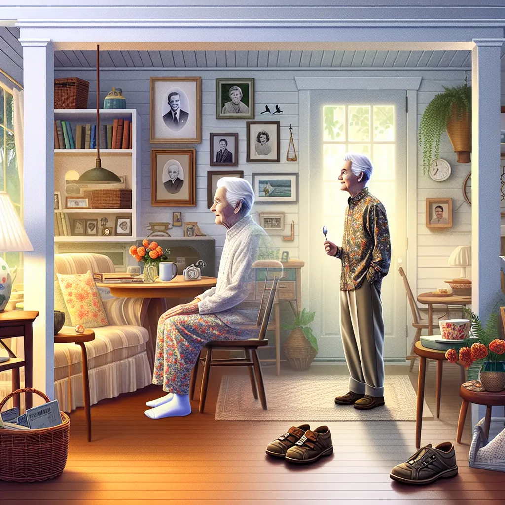 A young boy named Jared transforms into his grandmother, Ruth, amidst a cozy den filled with memories and familiar objects like a pair of sandals and a floral purse, showcasing the passage of time and the cycle of life in a serene suburban setting.