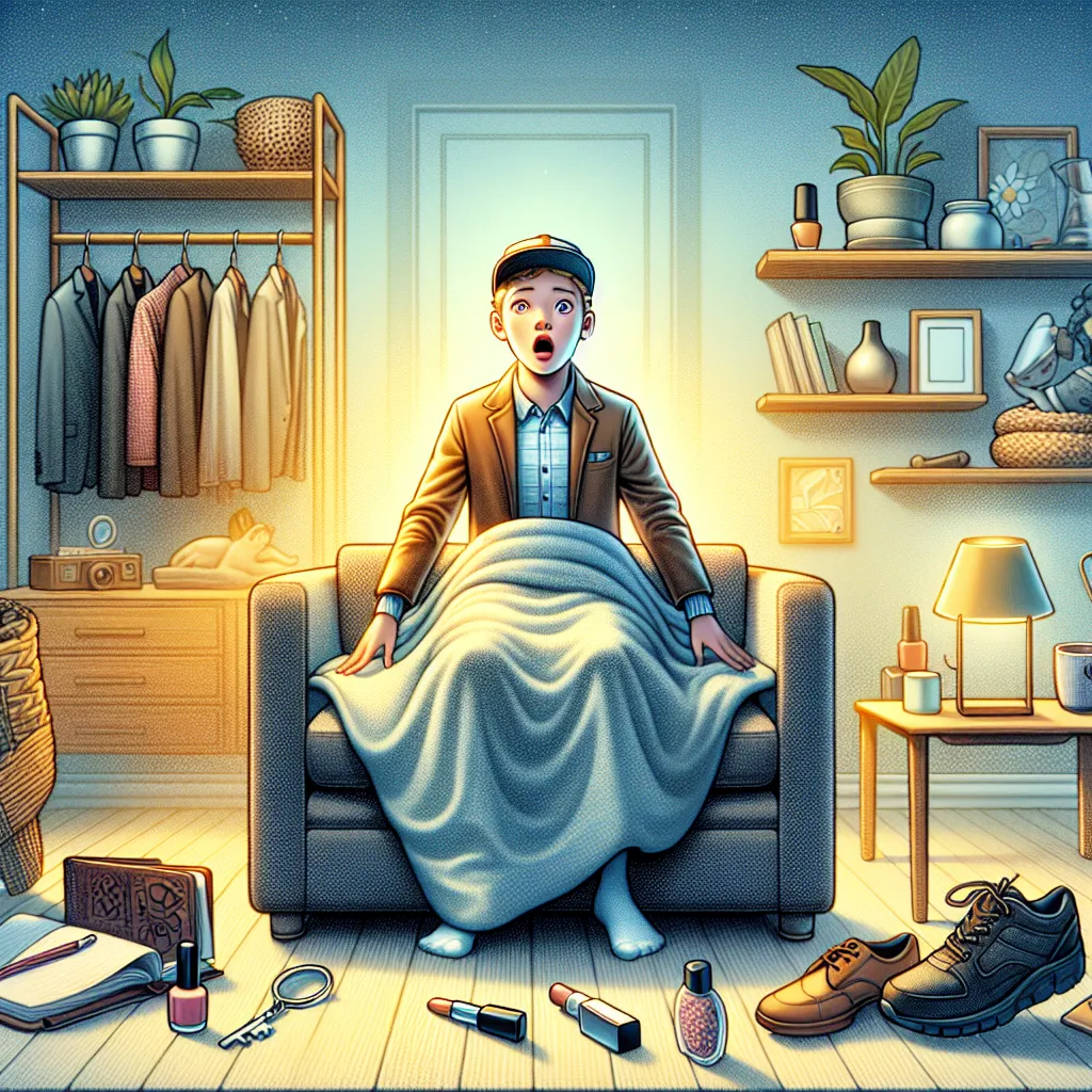 A boy named Oliver wakes up to find himself transformed into his older cousin, Madison. As he navigates Madison's life and learns to embrace his new identity, Oliver keeps his true self a secret, cherishing memories of his past while embracing the possibilities of his future as Madison. The image could depict Oliver waking up on the couch in Madison's body, bewildered by his transformation, with elements like the fishnet stockings, high heels, and cobalt nail polish symbolizing his journey of se