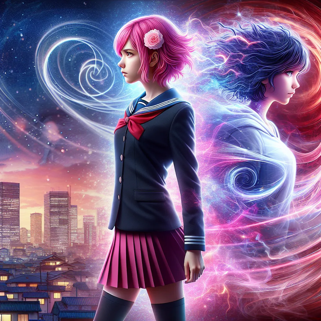 Title: "The Unseen Transformation: The Extraordinary Journey of Ichigo Momomiya"

Description: This image features a young girl with vibrant pink hair, dressed in a school uniform, standing against a backdrop of Tokyo cityscape. Her determined expression and confident posture reflects her unwavering spirit. Surrounding her, subtle hints of her transformation into a magical girl can be seen, with ethereal wisps of energy swirling around her, representing the cosmic forces that influenced her jour