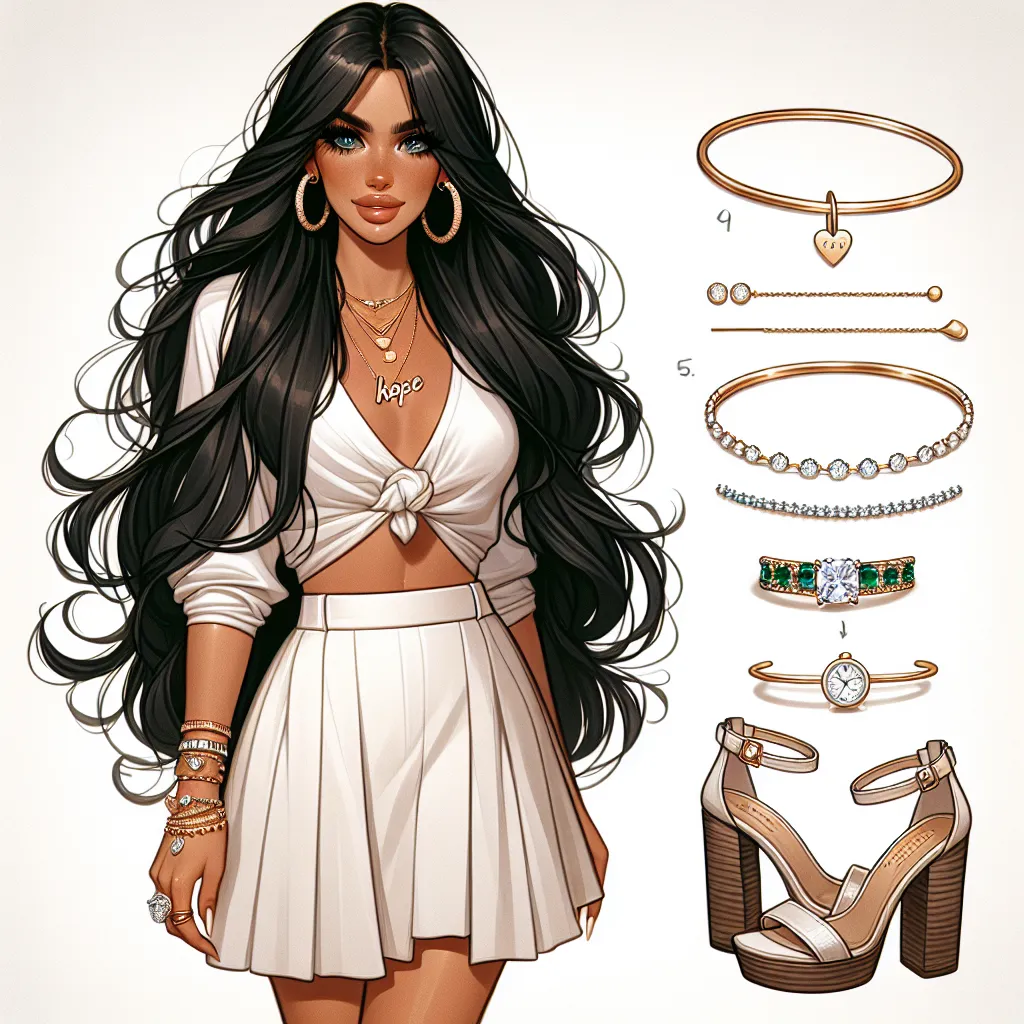 An image showing a confident and stylish woman named Isabella, with long, black hair and striking blue eyes. She is wearing an elegant outfit, consisting of a tight-fitting white top, a high-waisted skirt, and raised open-toe sandals adorned with rhinestones. Isabella is also wearing various pieces of jewelry, including gold hoop earrings, a delicate bracelet with a heart-shaped charm, a thin gold chain with a "Hope" pendant, a diamond ring, a silver ankle bracelet with dangling stars, emerald-s