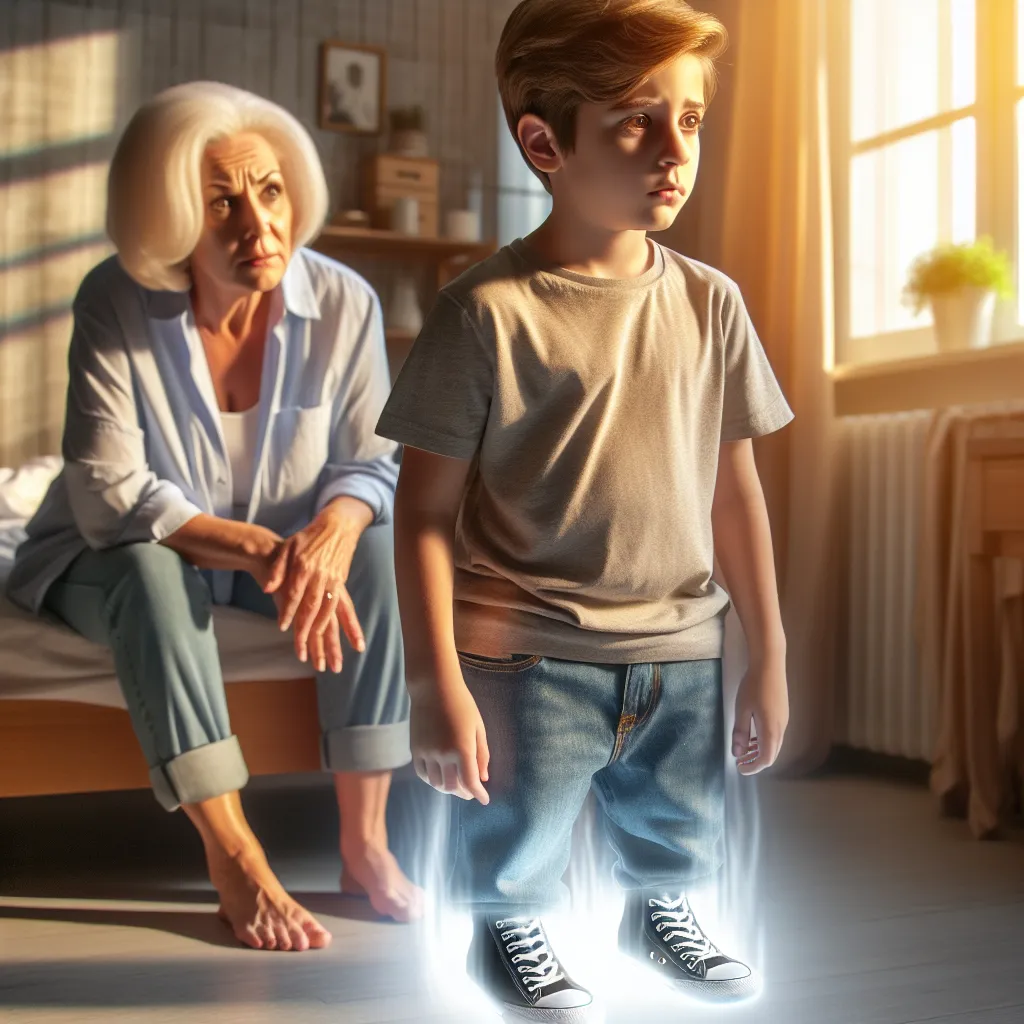 An image of a young boy named Christopher Matthews, wearing a t-shirt and jeans with a distressed look on his face. Behind him, his mother Emma Matthews stands with a concerned expression as they both observe Christopher's feet transforming into a feminine appearance. The sunlight filters through the window, casting a warm glow on the room.