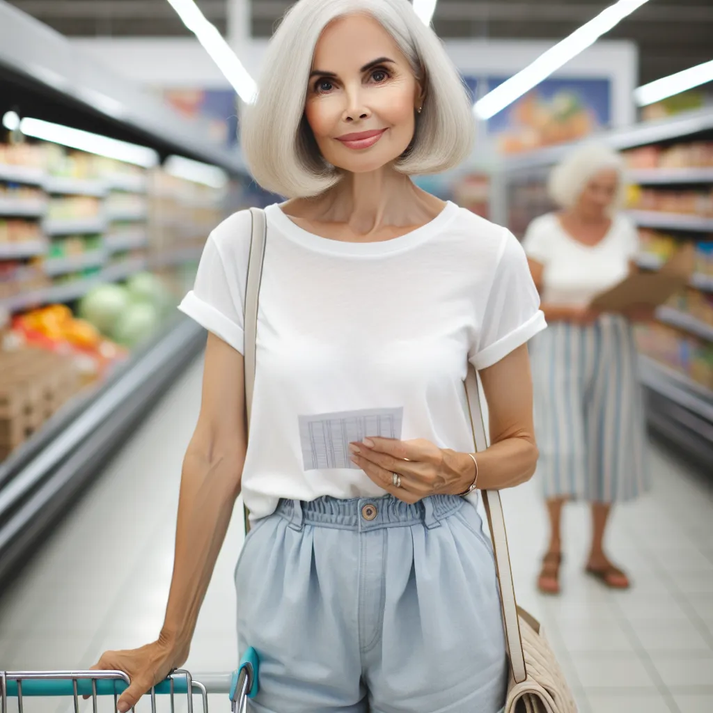 Description: A mature woman named Margaret, dressed in a white t-shirt, light blue shorts, and old lady sandals, stands in a grocery store aisle. She clutches a grocery list in one hand and a purse in her shopping cart. Margaret's silver bob haircut is neatly styled, and she wears a gentle smile on her face.