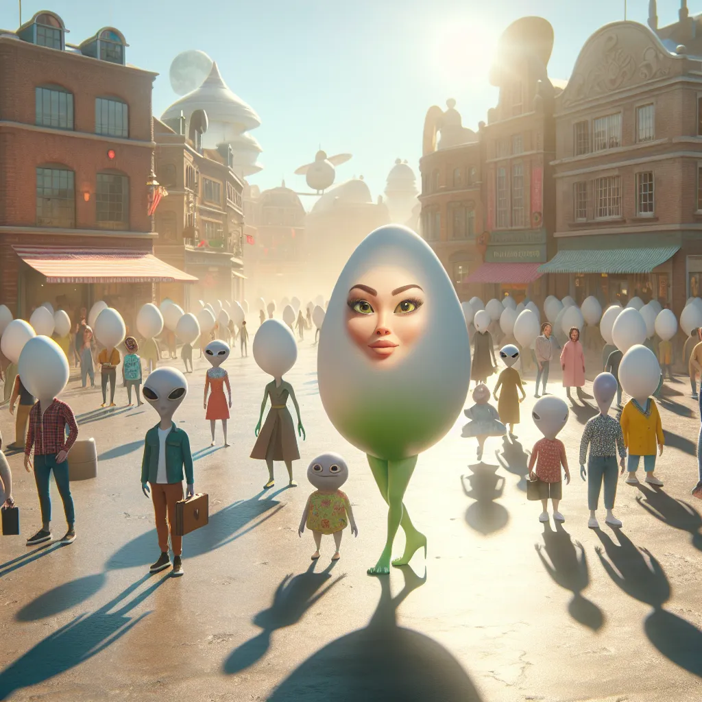 An image of Odalia Blight, transformed into an egg-shaped caricature of herself, stands amidst a bustling, otherworldly town square. The sun casts long shadows over the fantastical creatures going about their business, while onlookers react with a mix of amusement and concern.