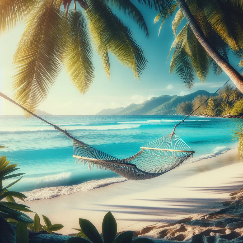 A serene beach scene with crystal blue waters, palm trees, and a hammock swaying in the gentle breeze.