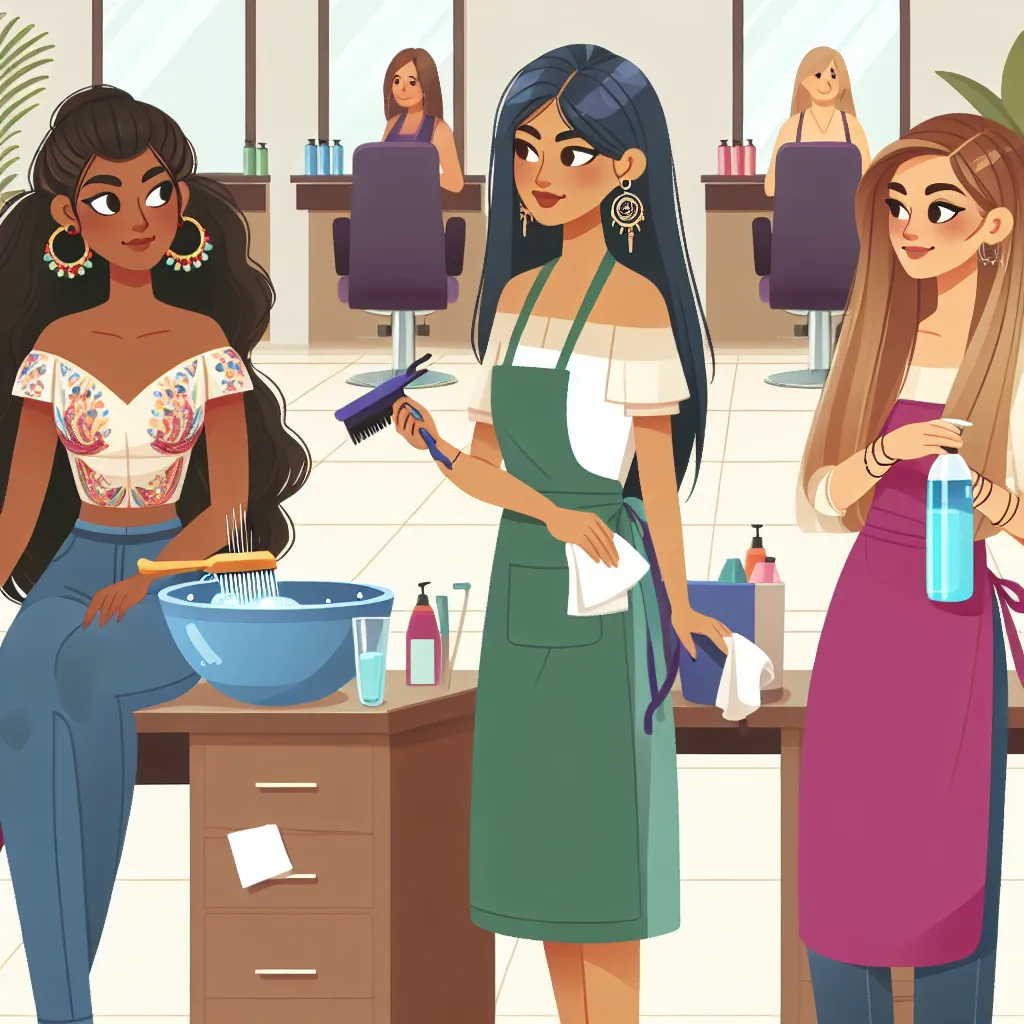 An image of a hair salon with three women, Michelle, Carol, and Doris, cleaning and chatting. Each woman is wearing unique jewelry as they engage in conversation.
