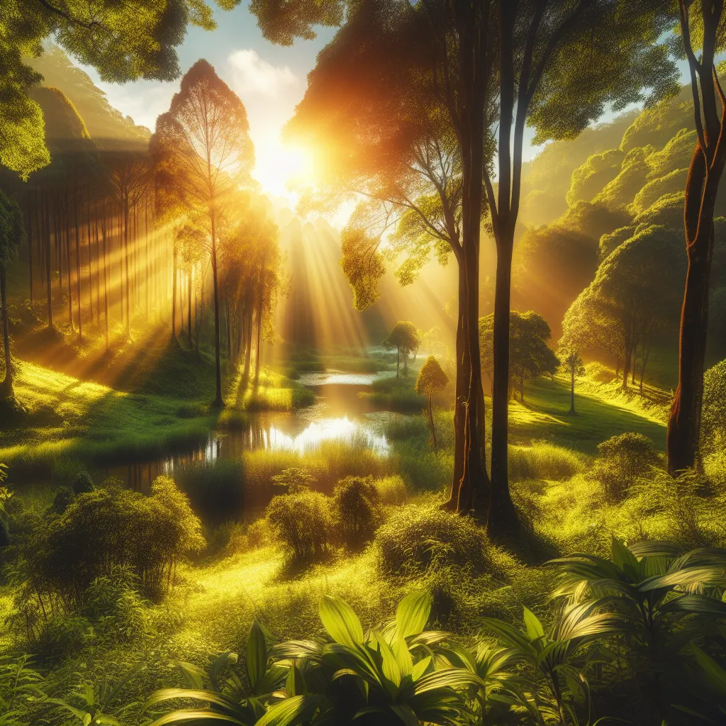 A scenic view of a serene and idyllic forest, with rays of golden sunlight filtering through the trees and casting a captivating glow on the lush green foliage.