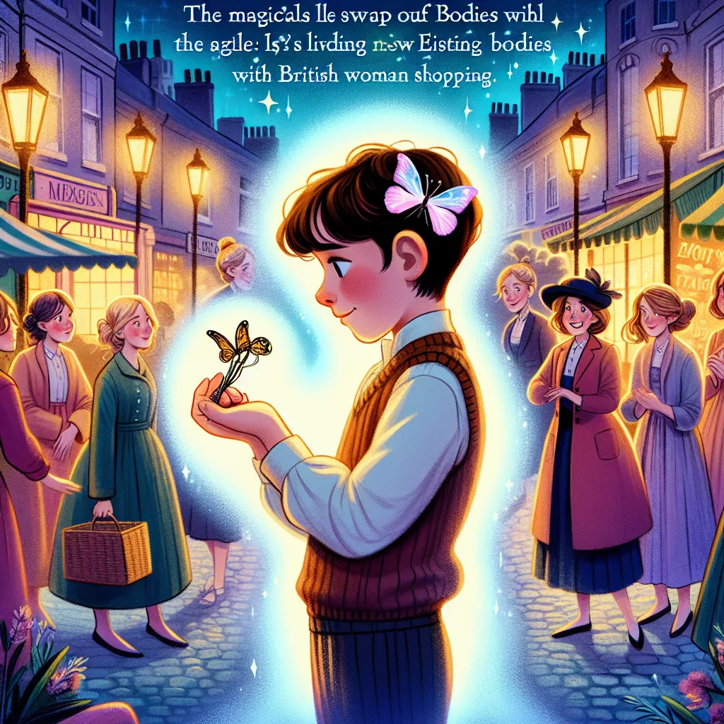 A young boy, Ezra, magically swaps bodies with a British woman named Eloise while shopping. Now living as Eloise, he navigates adult life with new friends, cherishing memories of his family. The story unfolds with struggles, growth, and acceptance, as Ezra finds strength in his transformation and the unwavering support of the British women. The butterfly hairclip he holds becomes a symbol of hope and transformation, marking the beginning of his unique journey.