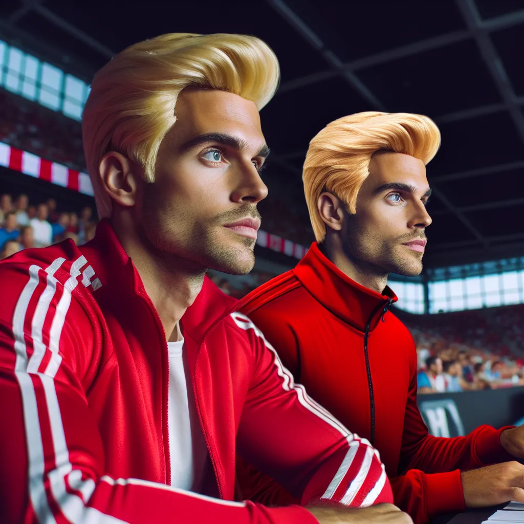 A man named Greg, transformed into a hot blonde in red lingerie, watches a sports game, unaware of his new appearance.